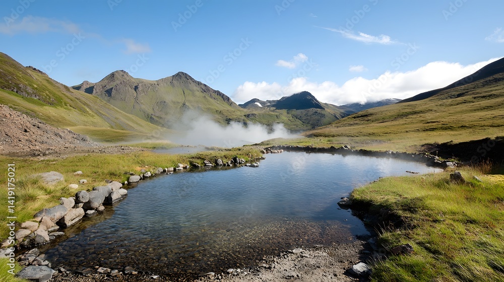 Poster mesmerizing scene of a serene natural spring pool nestled amidst a rugged volcanic terrain surrounde