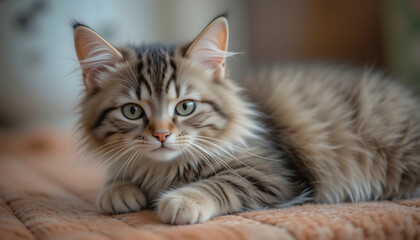 Adorable fluffy kitten with striking green eyes, lying down on a soft surface