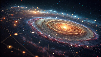Obraz premium Galactic spiral with interconnected data sets, showcasing vibrant cosmic scene filled with stars and glowing connections, evoking wonder