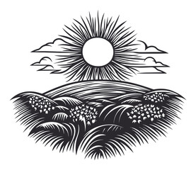 Sunlit Landscape with Rays and Clouds in Classic Engraving Style