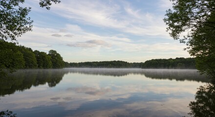 Obraz premium Serene Lake Mist at Dawn