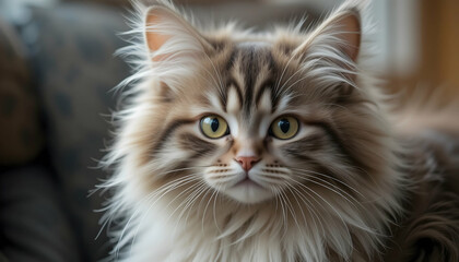 Obraz premium Fluffy longhair cat with striking yellow eyes