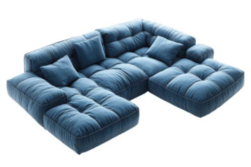 Luxurious denim sectional sofa plush tufted cushions modern design isolated on black on transparent background