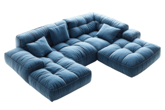 Luxurious denim sectional sofa plush tufted cushions modern design isolated on black on transparent background