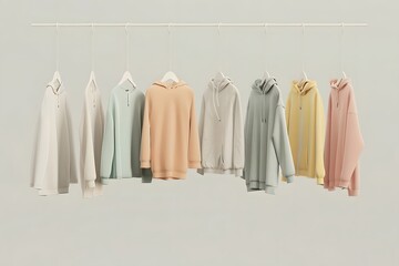 Pastel Hoodies: A Stylish Collection of Soft, Comfortable Hooded Sweatshirts in Various Colors Hanging on a Rack, Perfect for Casual Wear and Everyday Style.