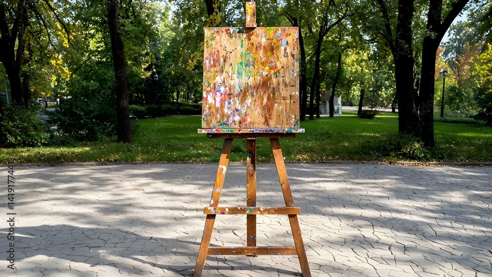 Poster an empty wooden easel with a canvas in a park, surrounded by trees and colorful autumn foliage. conc