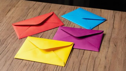 Four brightly colored envelopes neatly arranged on a wood surface, conveying communication and cheerful correspondence. - Powered by Adobe