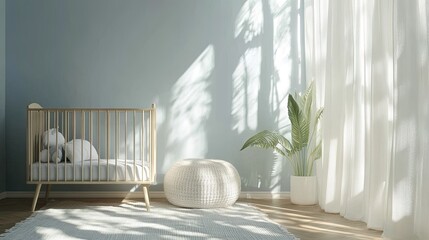 Pastel blue nursery with smooth-edged crib, cushioned rug, and sunlight filtering through white curtains