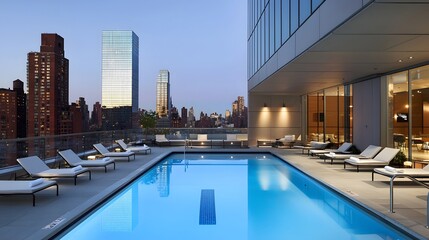 Serene and Lavish Rooftop Pool Surrounded by Comfortable Lounge Chairs Offering a Tranquil Oasis with Glowing Blue Waters and Breathtaking City Views