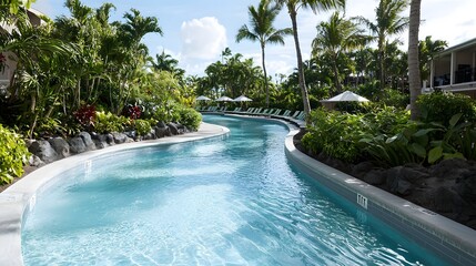 Serene and inviting tropical lazy river winding through a lush verdant landscape at a family friendly holiday resort offering a tranquil and refreshing escape from the everyday