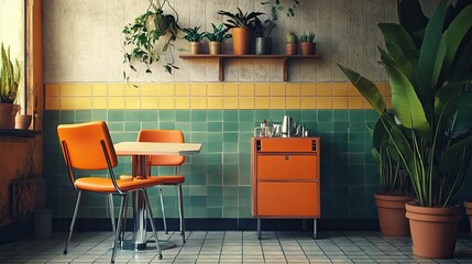 Retro-style caf with orange furniture, subway tile floor, and wall-mounted potted plants