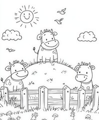 Black and white line art illustration of three smiling cartoon cows on a grassy hill with clouds, a sun, wooden fence, and flowers—perfect for children’s coloring or educational use.