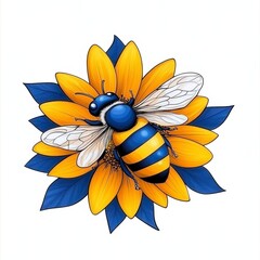Blue and Yellow Striped Bee on a Flower Illustration