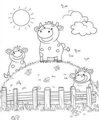 Fototapeta premium Black and white line art illustration of three smiling cartoon cows on a grassy hill with clouds, a sun, wooden fence, and flowers—perfect for children’s coloring or educational use.
