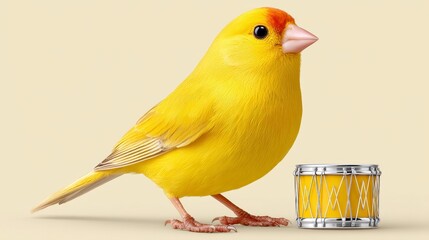Bright Yellow Canary Bird Near Small Drum on Pale Background