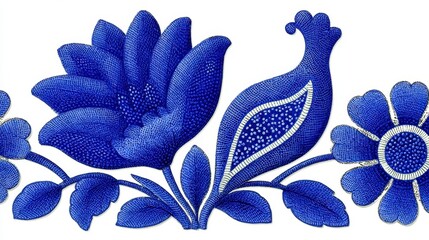 Blue Floral Textile Border Stylized Flowers and Bird Design