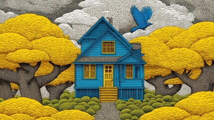 Blue House Amongst Golden Autumn Trees and a Flying Bird