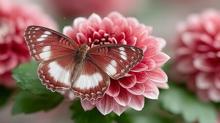Brown And White Heath Fritillary Butterfly Resting On A Pink Dahlia Flower