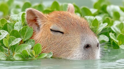 Brown Capybara Resting in Green Water Plants
