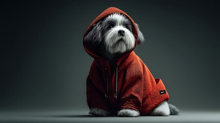 A small dog in a red hooded jacket sits against a dark gray background. The image is stylized, appearing pixelated or blocky