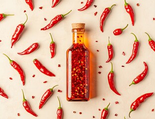 A glass bottle of chili oil with red chili peppers scattered around it on a white surface