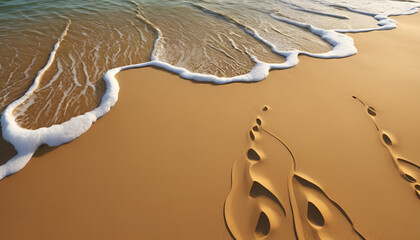 Obraz premium Ocean waves gently lapping onto a sandy shore, leaving intricate foot prints in the wet sand
