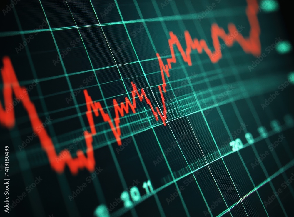 Poster stock market trend analysis with red graph and data visualization