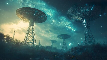 Surreal landscape featuring radio telescope array against a galactic backdrop