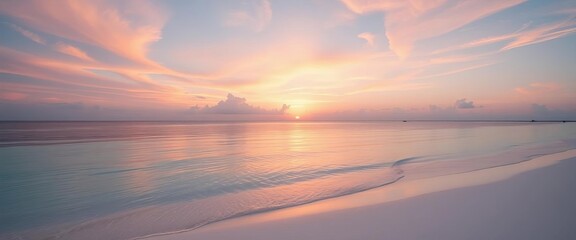 Soft pastel sunrise paints the Maldivian sky, reflecting on calm turquoise water, pristine white sand beach,  peace, sunrise