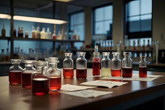 Crime lab setup with bloodstains, fiber evidence, and glass containers under examination

