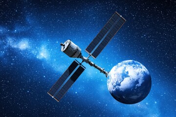 Naklejka premium Satellite Orbiting Earth in Deep Space Against Vibrant Background
