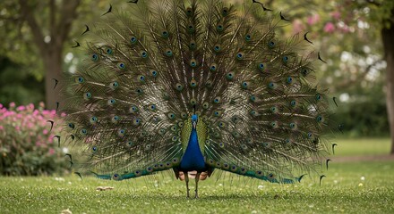 Peacock Displays Feathers in Garden Setting