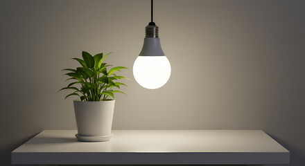 Glowing Led Bulb Above Potted Plant On Minimal Desk