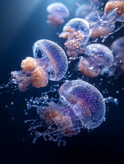Obraz premium Realistic underwater photo of a group of jellyfish floating in deep black water, with water droplets falling and creating beautiful ripples and splashes.