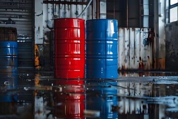 Red and Blue Barrels Reflect in a Puddled Industrial Floor: A Study in Contrasting Colors and Textures within a Derelict Factory Setting, Showcasing the Harsh Beauty of Abandoned Spaces.