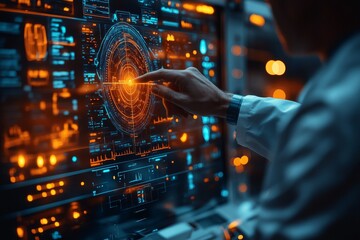 A doctor analyses patient health data using a futuristic medical interface. Generative AI