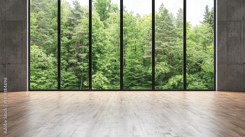 Poster modern empty space with large windows overlooking lush green trees