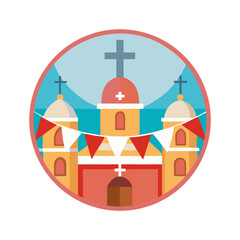 Orthodox church with colorful domes and flags flat vector