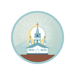 Church with glowing light and cross in circular vector icon