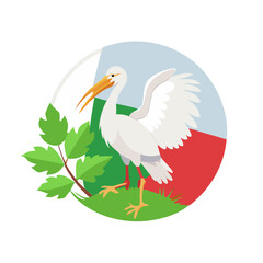 Obraz premium Stork standing on grass with Polish flag circle behind