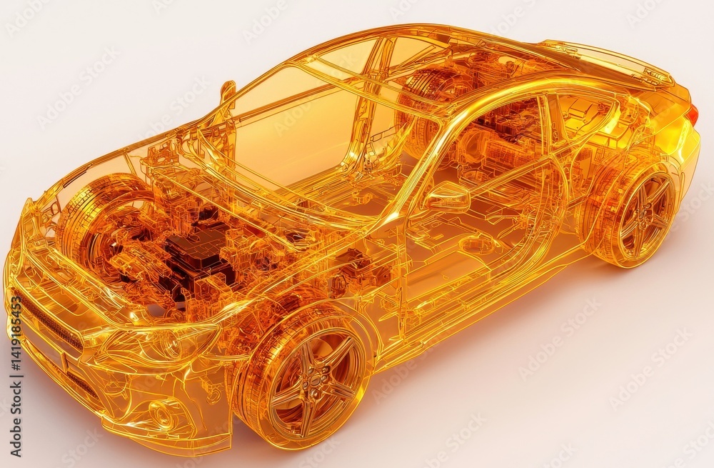 Poster transparent 3d car model showcasing inner engineering design concepts