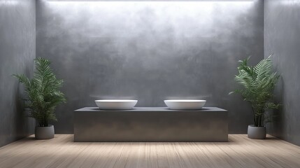 Two modern sinks sit on a gray counter in bathroom
