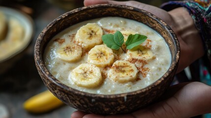 A wooden bowl of warm banana pudding is being held