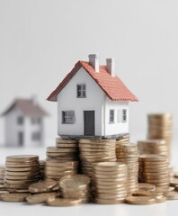 Miniature house atop stack of coins, white background, coins, building