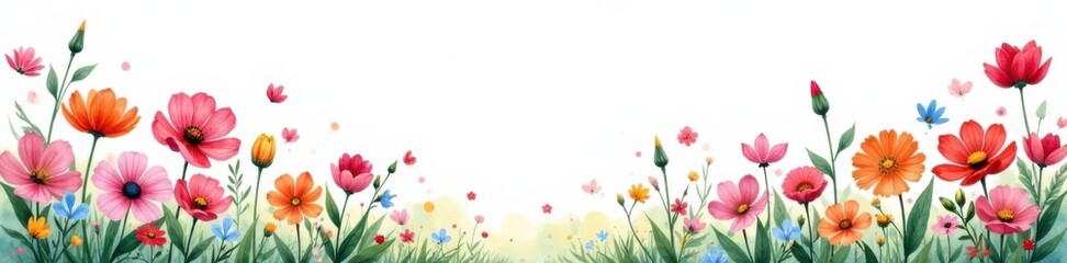 Watercolor garden scene with blooming flowers on white background, watercolor, garden