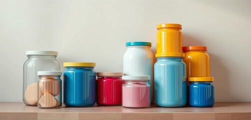 Vibrant colored storage jars on pastel backdrop Minimalist home organization, bright, modern design