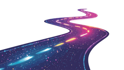 The image shows a digitally rendered winding road in vivid neon colors. The road, which is dominated by pink, purple and blue tones, appears to glow against a dark cosmic background.