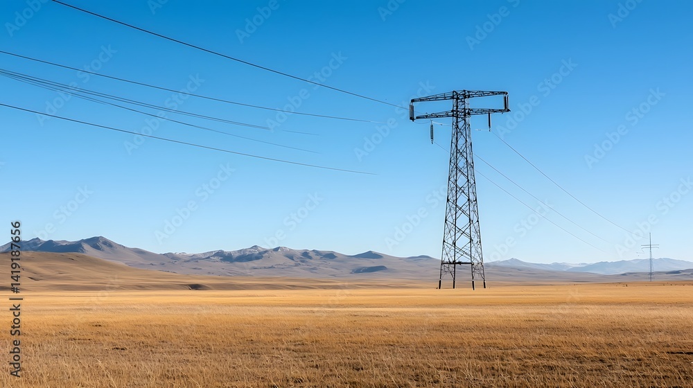Poster towering high voltage electricity transmission structure standing tall in a vast open field with mul