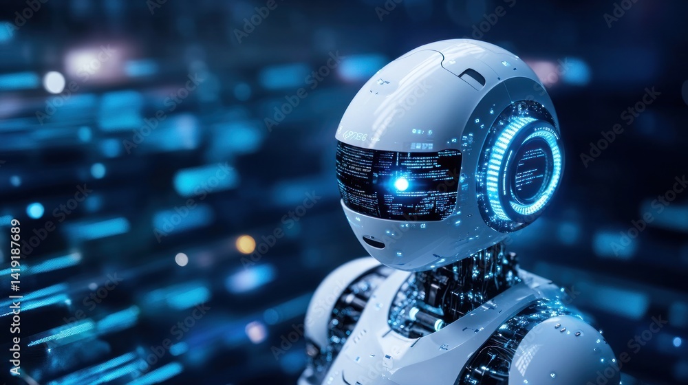 Poster advanced robot head, detailed design with glowing elements
