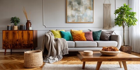 Modern living room featuring a stylish sofa, wooden furniture, and a cozy atmosphere